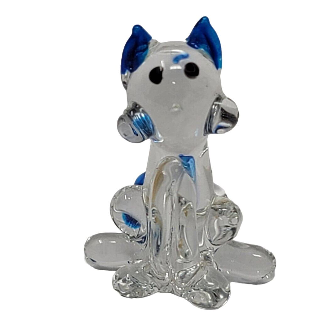 Miniature Cat Glass Figurine 1¼" TINY Blue Tip Ears Tail Halloween Frankencat ?